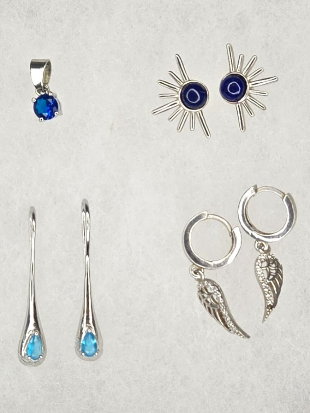 Set of 3 Tiny Silver Earrings Plus a Tiny Blue Crystal Pendant